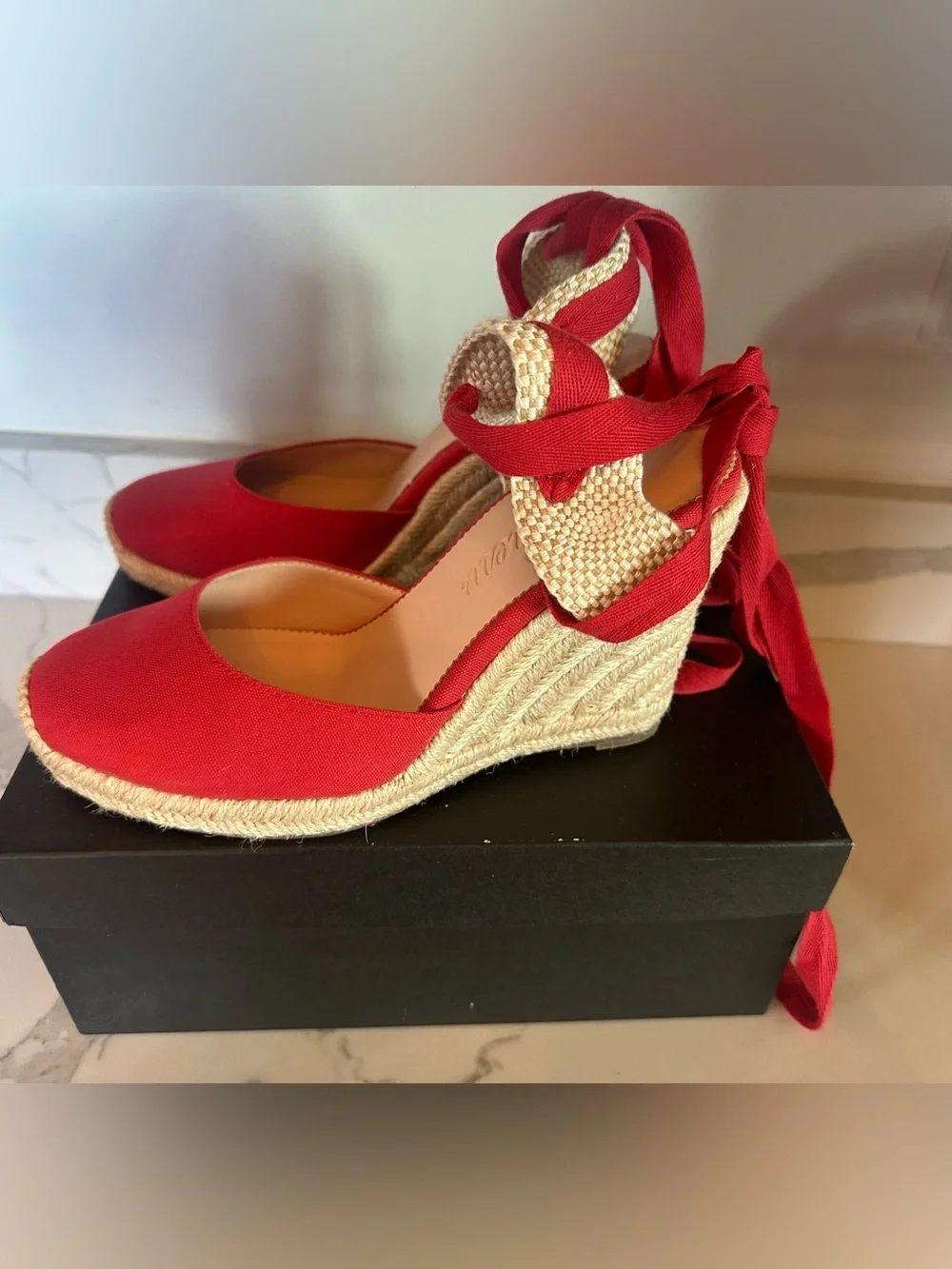 J Crew Canvas Red High Heel Espadrille Heels with Wrap Tie, Sz 8, retailed $158